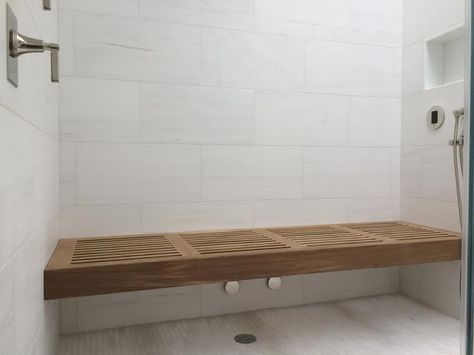 Studio DB custom shower bench Steam Shower Bench, Shower Benches Freestanding, Wood Bench In Shower Master Bath, Floating Wood Shower Bench, Shower Bench Built In, Wooden Shower Bench, Studio Db, Shower With Seat, Teak Shower Bench Seats