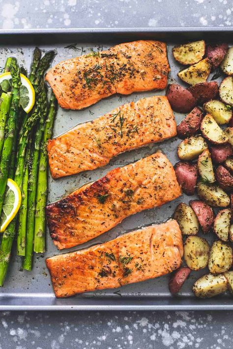 Sheet Pan Salmon and Asparagus with Potatoes is a great way to get in a serving of protein and heart-healthy Omega-3s. Everyone in your family will love this dish for the flavor and you’ll love it for its ease of cooking and clean up. Baked Salmon And Asparagus, Sheet Pan Salmon, Potatoes Dinner, Pan Salmon, Potato Dinner, Salmon Potato, Sheet Pan Dinners Recipes, Healthy Salmon Recipes, Salmon And Asparagus