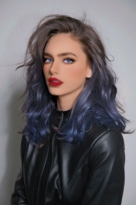 Brown Blue Ombre Hair, Brown And Blue Hair Ombre, Ombré Hair Blue, Dark Brown Hair With Colored Tips, Dark Brown Hair With Blue Money Piece, Blue Ombre Hair Medium Length, Blue Hair Ombre Brown, Unique Haircolors, Unique Ombre Hair Color Ideas