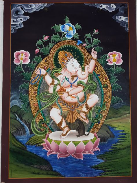 Four+Arm+Dancing+Ganesh+Hand+Painted+Canvas+Cotton+Fine+Quality+Thangka+Painting+From+Nepal Om Gam Ganapataye Namaha, Masterpiece Painting, Family Altar, Ganesha Elephant, Elephant Face, Kathmandu Valley, Four Arms, Canvas Paint, Thangka Painting