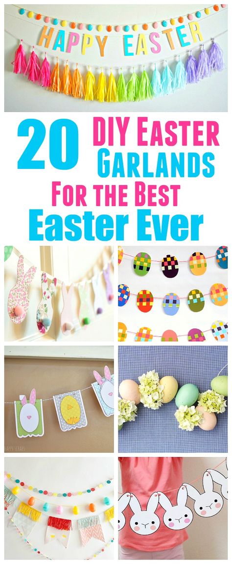 20 Festive DIY Easter Garlands and Banners- You can decorate your home for Easter the frugal way by making one of these DIY Easter garlands and banners! There are many different kinds to choose from. and they're all so easy to make! | Easter decorations, printable decor, rabbit, bunny, eggs, seasonal decor, #DIY #craft #spring #Easter Easter Garland Diy, Easter Garlands, Doodle Faces, Easter Banners, Craft Easter, Easter Wreath Diy, Easter 2021, Easter Garland, Easy Easter Decorations