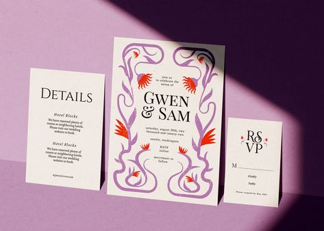 "✨ON MATERNITY LEAVE✨ Please read our shop announcement before purchasing! _ _ _ _ _ ✨𝙈𝙤𝙧𝙚 𝙩𝙝𝙖𝙣 𝙖 𝙥𝙞𝙚𝙘𝙚 𝙤𝙛 𝙥𝙖𝙥𝙚𝙧 ✨ This contemporary floral wedding invitation suite features poppy red and lavender purple coloring with abstract vine illustrations.  _ _ _ _ _ 𝙋𝙇𝙀𝘼𝙎𝙀 𝙍𝙀𝘼𝘿 𝙁𝙐𝙇𝙇 𝘿𝙀𝙎𝘾𝙍𝙄𝙋𝙏𝙄𝙊𝙉 𝘽𝙀𝙁𝙊𝙍𝙀 𝙋𝙐𝙍𝘾𝙃𝘼𝙎𝙄𝙉𝙂 This is an *INSTANT DOWNLOAD* listing that includes a high-resolution, printable wedding invitation set. Access and edit your templat Art Deco Wedding Colors, Red Lavender Wedding, Wedding Card Art, Wedding Card Layout, Colorful Save The Date Ideas, Weeding Invitation Card, Wedding Invite Colorful, Colorful Wedding Invites, Maximalist Wedding Invitations