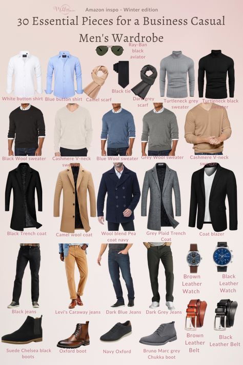 Essential Work Wardrobe Items Every Man Needs: Boost Your Professional Look - Modest and Minimalist Business Casual Men Work, Jeans Wardrobe, Capsule Wardrobe Men, Men's Capsule Wardrobe, Business Casual Jeans, Best Man's Outfit, Mens Wardrobe Essentials, Fashion Infographic, Mens Smart Casual Outfits