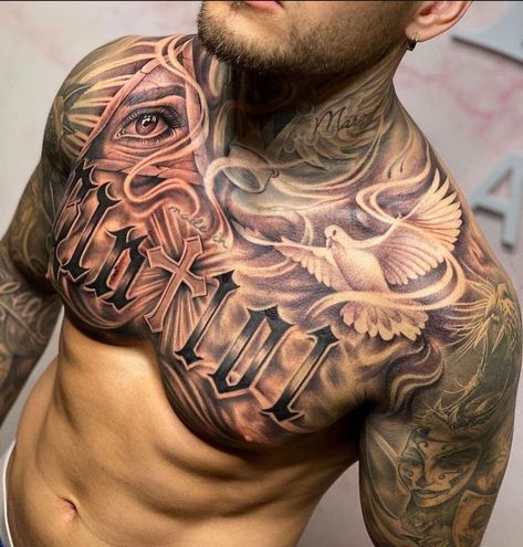 Buff Men, Aztec Tattoos Sleeve, Men's Tattoos, Full Chest Tattoos, Heaven Tattoos, Christ Tattoo, Torso Tattoos, Men Tattoo, Skull Art Drawing