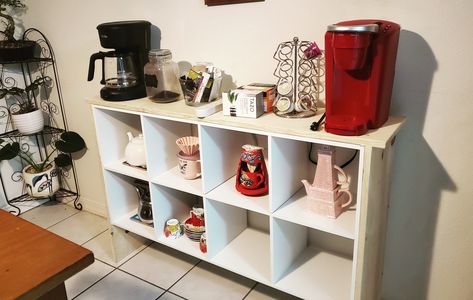 Coffee ☕ bar Cube Coffee Bar, Coffee Bar, Shelving Unit, Trash Can, Shelves, Bar, Coffee, Canning, Home Decor