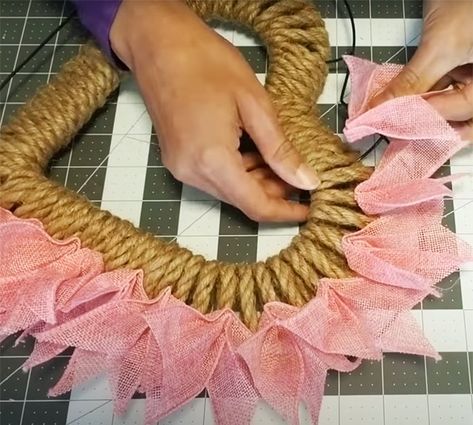 Jute Heart Wreath, Farmhouse Heart Wreath, Valentine's Day Wreath Diy Dollar Tree, Diy Valentines Door Decor, Rope And Ribbon Wreath Diy, Heart Shape Wreath Diy, Jute Wreath Diy, Wooden Bead Heart Wreath, Heart Shaped Wreaths Diy