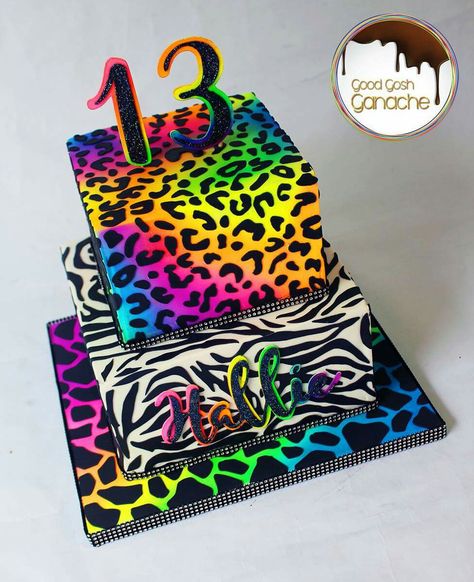 Rainbow animal prints cake                                                                                                                                                                                 More Neon Rainbow Cake, Lisa Frank Cheetah Cake, Lisa Frank Birthday Party Cake, Animal Print Cakes, Animal Print Birthday Cake, Rainbow Cheetah Cake, Rainbow Leopard Cake, Lisa Frank Cake Ideas, Lisa Frank Birthday Cake