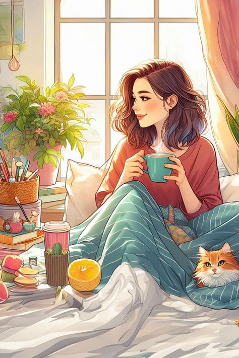 Good morning illustration art inspiration - a woman sitting in bed drinking coffee, with her red cat nearby #womanillustration #morningart #artinspiration #coffee #illustrationgoodmorning Morning Illustration Art, Pink And Lavender Hair, Good Morning Illustration, Lavender Hair Ideas, Girly Art Illustrations Life, Illustration Art Inspiration, Morning Illustration, Poetic Photography, Iphone Wallpaper Cat