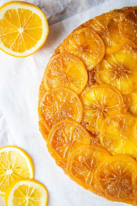 Meyer Lemon Upside-Down Cake 2 Lemon Upside Down Cake Recipe, Upside Down Citrus Cake, Upside Down Lemon Cake, Lemon Poppyseed Upside Down Cake, Meyer Lemon Desserts, Poppyseed Recipes, Meyer Lemon Cake, Lemon Upside Down Cake, Meyer Lemon Recipes