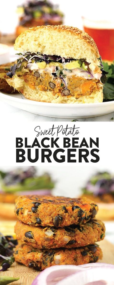 Full of texture and flavor, these amazing Sweet Potato Black Bean Burgers are an excellent homemade veggie burger recipe. Sweet Potato Black Bean Burger, Sweet Potato Burgers, Sweet Potato Black Bean, Black Bean Burger, Veggie Burgers Recipe, Bean Burgers, Sweet Potato Black Beans, Black Bean Burgers, Gluten Free Sweet