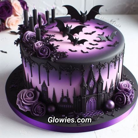 Purple Black Birthday Cake, Goth Cakes Birthday, Gothic Cake Ideas, Gothic Cake Birthday, Purple Halloween Cake, Witch Birthday Cake, Pastel Goth Wedding, Goth Birthday Cake, Wednesday Birthday Cake