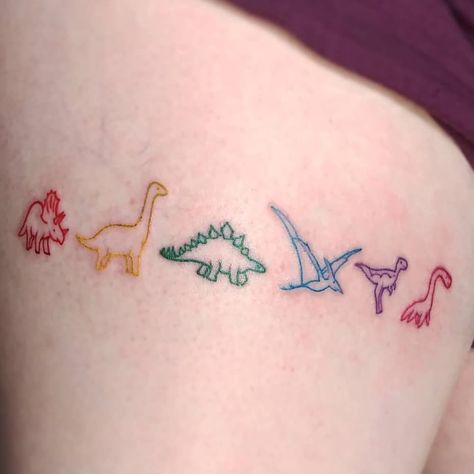 Simple Stegosaurus Tattoo, Colorful Dinosaur Tattoo, Rainbow Dinosaur Tattoo, Cute Dinosaur Tattoo, Tiny Dinosaur Tattoo, Land Before Time Tattoo, Colorful Tattoo Ideas, Dino Tattoo, Watercolor Tattoo Ideas