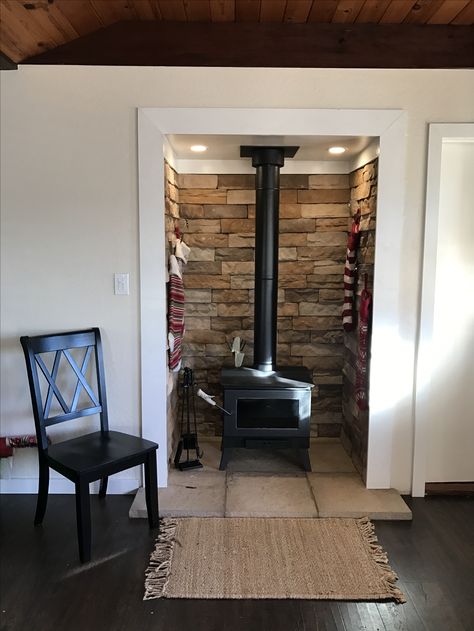 Our new wood stove alcove. Love love love. Wood Burning Stove Nook, Wood Stove Nook, Wood Stove Alcove Ideas, Wood Stove Alcove, Woodstove Ideas, Stove Alcove, Converted Closet, Bp House, Corner Stove