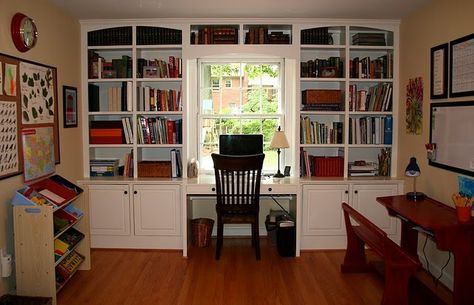 Love this bookshelf with desk in front of a window Builtin Bookshelves, Basement Finishing Systems, Desk Spaces, Refurbished Desk, Kitchenette Design, Window Desk, Library Desk, Billy Bookcase, Home Gym Design