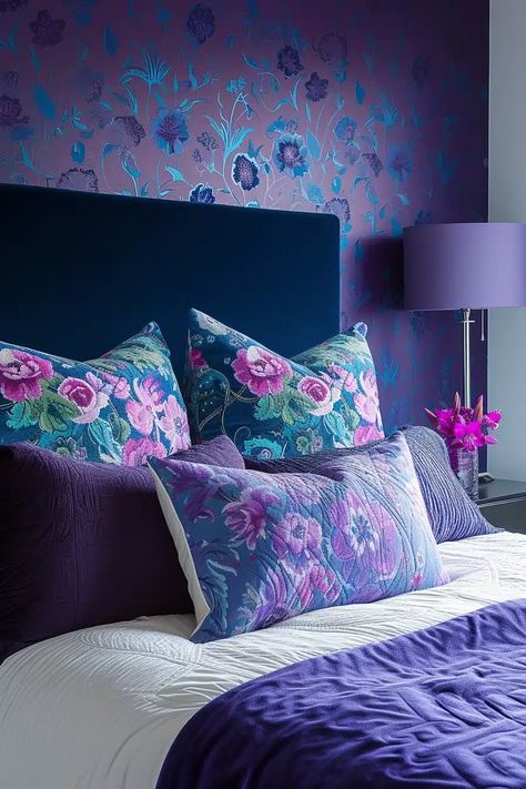 25 Chic Blue and Purple Bedroom Ideas for a Unique Sleep Space Purple And Navy Bedroom, Purple Celestial Bedroom, Baby Blue Room Ideas, Blue And Purple Bedroom Ideas, Teal And Purple Bedroom, Purple And Blue Room, Blue And Purple Bedroom, Purple Bedroom Ideas, Purple Bedspread