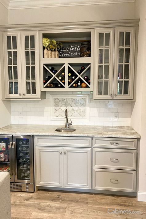 Kitchen Wine Bar Ideas Cabinets, Farmhouse Kitchen Wine Rack, Basement Wet Bar Wine Storage, Wine Cabinets Wine Racks, Wine Rack Above Sink, Built In Wine Rack Kitchen, In Cabinet Wine Rack, Dry Bar With Wine Rack, Built In China Cabinet With Wine Rack