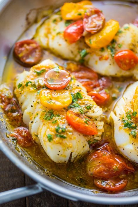 Pan-Seared Cod in White Wine Tomato Basil Sauce - Baker by Nature Basil Fish Recipes, Pan Seared Cod In White Wine Tomato, Cod Recipes Pan Seared, White Wine Tomato Basil Sauce, Clam Boil, Cod Tacos, Steamed Cod, Seared Cod, Cod Dishes