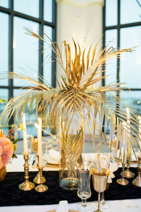 Gold Palm Centerpiece, Gold Leaf Centerpiece, Gold Palm Leaves Centerpiece, Tony Ward Bridal, Gold Theme Party, Egyptian Party, Gala Decorations, Edgy Bridal, Gold Theme