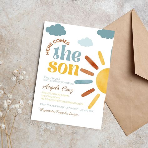 Here Comes The Son Baby Shower Invitation, Our Little Sunshine, Baby Boy Shower Invitation, Canva Editable Invitation Template Here Comes The Son Baby Shower Theme, Here Comes The Son, Sunshine Baby Showers, Canva Edit, Summer Baby Shower, Shower Bebe, Shower Themes, Shower Sign, Invitation Baby Shower