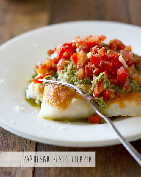 Parmesan Pesto Tilapia Pesto Tilapia, Tilapia Recipes, Fish Dishes, Seafood Dishes, I Love Food, Fish Recipes, Seafood Recipes, Main Course, Parmesan