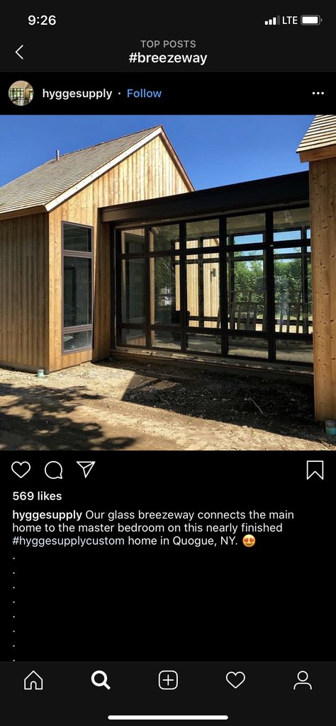 Walkway To Backyard, Covered Walkway Architecture, Walkway Architecture, Two House Connected, Glass Corridor, Glass Breezeway, Eco Tiny House, Craftsman Bungalow Exterior, Balcony Exterior