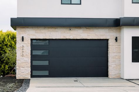 Garage Door Gallery | San Diego County, CA | Door Dorks Garage Door With Side Windows, Modern Garage Design, Garage Doors Ideas, Garage Door Modern, Modern Garage Door, Black Garage Door, Black Garage Doors, Stucco Paint, Contemporary Garage Doors