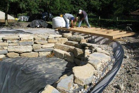 A natural swimming pond under construction. Swim Pond, Swimming Pool Pond, Natural Swimming Ponds, Pond Ideas, Diy Swimming Pool, Pond Water Features, Swimming Pond, Natural Pond, Natural Swimming Pools