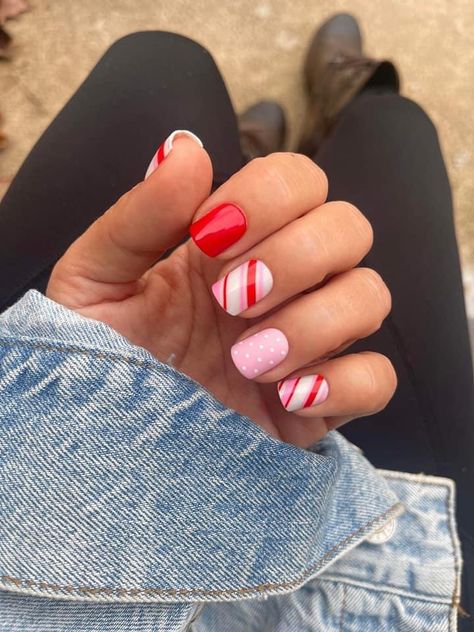 Red Aspen Nail Dash, Mani Pedi Combos, Nail Dashes, Mixed Mani, Holiday Nails Christmas, Candy Cane Nails, Red Aspen, Xmas Nails, Classy Nails