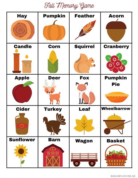 This printable Fall Matching Game is great to get excited about the season. This matching activity is great for preschool-aged children and early learners. #fallmatchinggame #fallmemorygame #memorygamesforkids #printablegamesforkids #kidsactivities Thanksgiving Matching Game, Fall Memory Game, Wallpaper Backgrounds Fall, Matching Games For Toddlers, Fall Activities For Toddlers, Church Conference, Preschool Fall, Printable Games For Kids, Fall Games