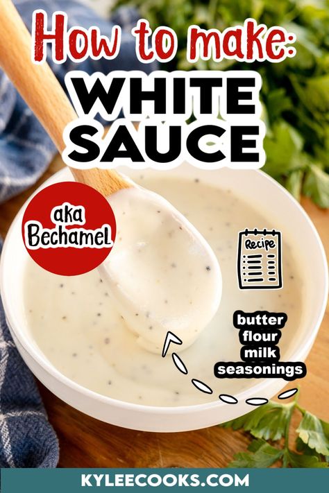 Homemade white sauce, or béchamel, is a kitchen essential. It's super easy to make, too! Knowing how to make a basic white sauce is something all of us home cooks can do to elevate our dishes and our creativity in the kitchen. Recipe For White Sauce, Creamy Corn Pudding Recipe, Basic White Sauce, Bechamel Recipe, Homemade White Sauce, White Sauce Recipe, Making White Sauce, White Sauce Recipes, Scones Recipe Easy