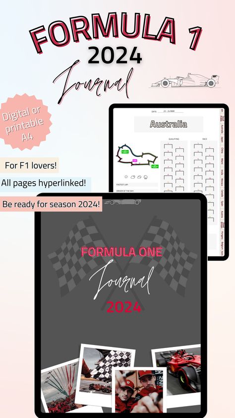 Are you ready for season 2024?💫 Rev up your engines and get ready to track every lap! Introducing the 2024 F1 Journal, complete with templates to help you stay on top of every twist and turn of the season. Get yours today and start your engines! 🏎️ 🏁 This fully hyperlinked F1 Journal is perfect for recording and tracking everything that happens during the season.🏎️ 🏁 F1 Journal, Cover Page For Project, F1 Aesthetic, F1 Formula, Journal Digital, Journal Template, Digital Journal, Cover Pages, Formula One