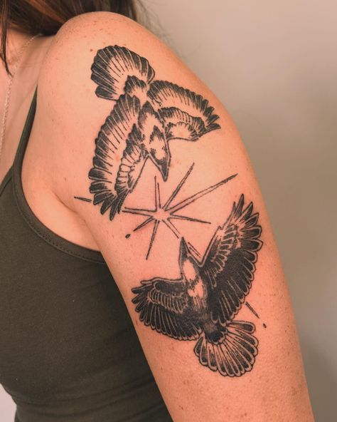 maggie carr | Cosmic bird tango for Kat 🌟🌟🌟⋆｡°✩ lines are healed, details fresh! Thank you for sliding twice :)) * * * * * * #tattoo #tattooideas… | Instagram Dog With Bird In Mouth Tattoo, Spooky Bird Tattoo, Nature Knows No Kings Tattoo, Woodcut Crow Tattoo, Horse Armband Tattoo, Bird Elbow Tattoo, Illustrative Dog Tattoo, Cow Horn Tattoo, Guard Dog Tattoo