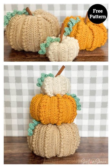 Farmhouse-Chic Stackable Pumpkins Free Crochet Pattern Crochet Pumpkin Stack Pattern, Crochet Stacking Pumpkins, Crochet Stacked Pumpkin Free Pattern, Fall Crochet Patterns Free, Crochet Crib, Pumpkin Patterns Free, Crochet Fall Decor, Holiday Crochet Patterns, Fall Crochet Patterns