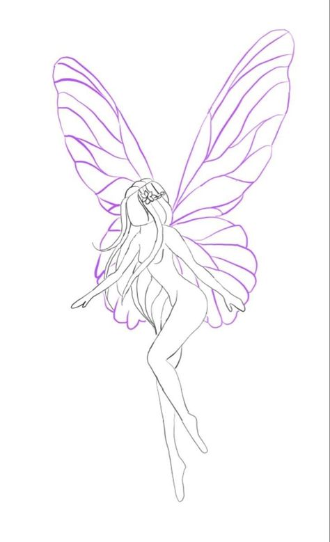 Pixie Drawing Sketch, Fairy Tattoo Outline, Fairy Outline, Fairy Wings Drawing, Winged Stencil, Pixie Tattoo, Nature Tattoo Ideas, Wand Tattoo, Mermaid Tattoo Designs