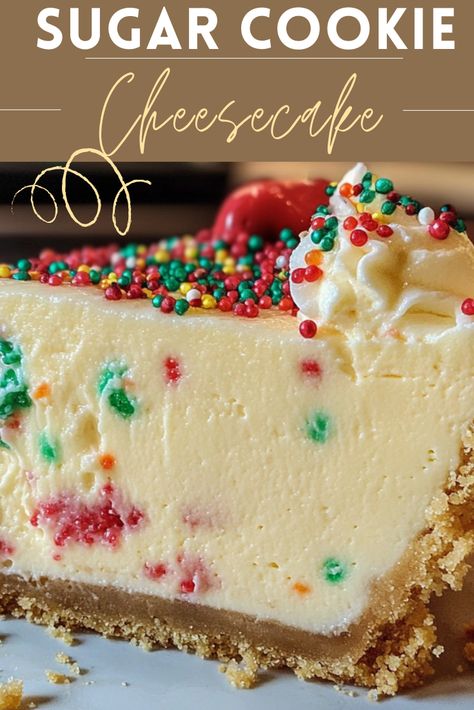 Christmas Recipes: Sugar Cookie Cheesecake No Bake Sugar Cookie Cheesecake, Cheesecake With Sugar Cookie Crust, Sugar Cookie Cheesecake Recipe, Cheesecake Crust Ideas, Christmas Cookie Cheesecake, Christmas Sugar Cookie Cheesecake, Flavored Cheesecake Recipes, Quick Sugar Cookies, Cookie Crust Cheesecake