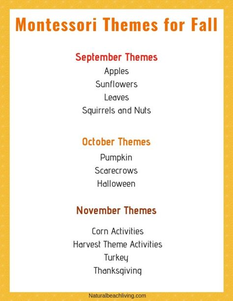 100+ Montessori Activities for Fall, Fall Themes, Fall Themes for Preschool, Montessori Monthly Themes, September Preschool Themes, October Preschool Themes and November Preschool Themes and Activities for Preschool and Kindergarten #fallthemes #fall #montessori #preschool #kindergarten #freeprintables #preschoolthemes Montessori Monthly Themes, Montessori Lesson Plans Template, November Preschool Themes, September Preschool Themes, October Preschool Themes, Themes For Preschool, Montessori Lesson Plans, November Preschool, October Preschool