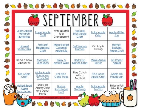 Free Printable September Activity Calendar - Perfect for September craft and activity ideas! #september #kidsactivities #freeprintable Fun September Crafts For Kids, September Theme Preschool, September Homeschool Crafts, September Learning Themes, Fun September Activities For Kids, September Daycare Activities, Monthly Activities Calendar, September Family Activities, September Homeschool Activities