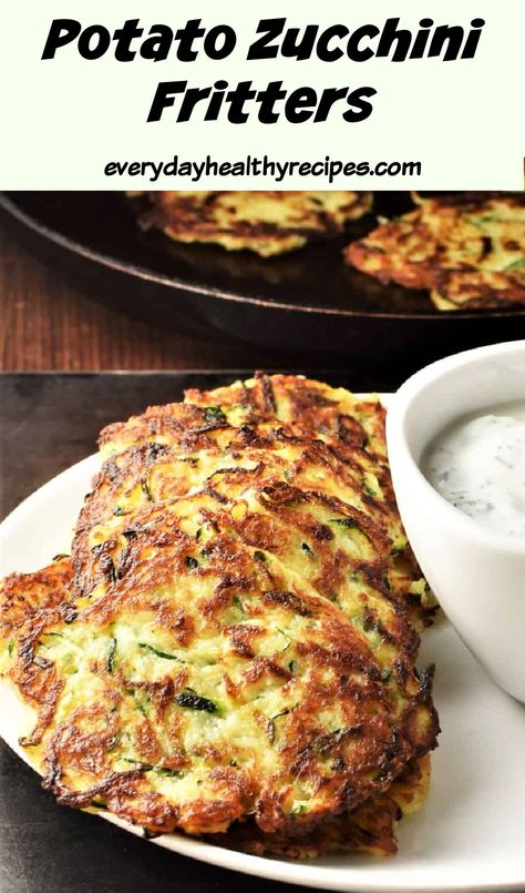 Side view of crispy fritters on white plate. Zucchini Potato Fritters, Zucchini And Potatoes, Garlic Herb Sauce, Potato Fritters Recipe, Potato Zucchini, Zucchini Fritters Recipe, Grated Zucchini, Veggie Patties, Zucchini Pancakes