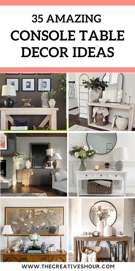 35 Amazing Console Table Decor Ideas You Should Definetly Try Picture Wall Over Console Table, Decorating Bottom Shelf Of Console Table, Entryway Sideboard Decor, Farmhouse Entryway Table Decor Ideas, Console Table Decorating Dining Room, How To Style A Tv Console, How To Style An Entry Table, White Entry Table Decor, Kitchen Console Table Decor