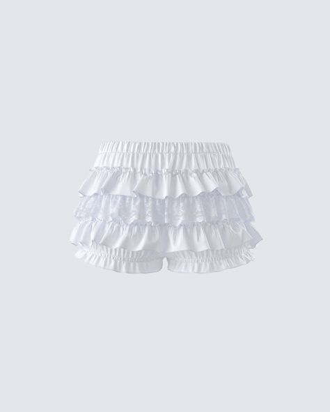 Nothing screams demure quite like a white bloomer skort 😌 With flirty ruffles and a cheeky cut, this piece made from a blend of cotton and lace fabric has built in shorts, making it the best of both worlds when it comes to effortless style 🤍 Bloomers Outfit, White Bloomers, Ruffled Shorts, Saloon Girls, Thrift Inspo, Ruffle Bloomers, Neo Victorian, Black Off Shoulder, Concert Outfits