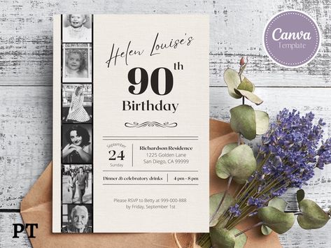 Editable 90th Birthday Invitation With Photos 85th Birthday Invitation Ideas, 85th Birthday Invitations, 90 Birthday Invitations, 80th Birthday Invite, 90th Birthday Invitations For Women, 90 Birthday Party, 90th Birthday Party Invitations, Birthday Invitations With Photo, 90th Birthday Party Decorations