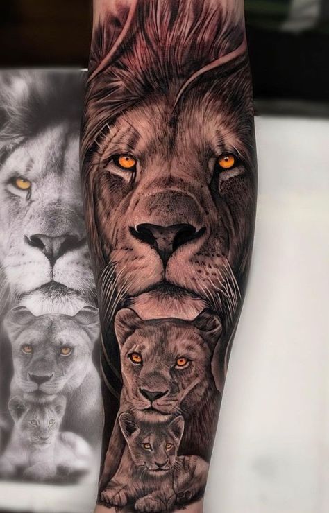 Cool Lion Tattoo Ideas 2022 Family Tattoos Animals, Family Lions Tattoos, Lion Family Forearm Tattoo, Lion And Family Tattoo, Lion And 2 Cubs Tattoo, Lions Family Tattoo Design, Men’s Family Tattoo Ideas, Lion Tattoo Family, Family Animal Tattoos