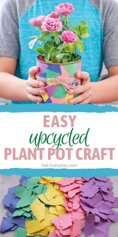 Decoupage flower pots that are not only great for gifting, but this upcycling project for kids is also easy enough for little helping hands to join in! In today’s post, I’m sharing how you can upcycle an empty can for a construction paper flower pot craft. If you’re looking for upcycling ideas for kids, or an upcycled plant pots gift idea, you’ll find that this decoupage plant pot is easy, cost-effective, and super cute! Click or visit FabEveryday.com for the kids flower pot craft instructions. Flower Pot Class Project, Preschool Flower Pot Crafts, Flower Pot Decorating Ideas For Kids, Kids Flower Pot Craft, Planting Projects For Kids, Planting Crafts For Kids, Plant Pot Upcycle Ideas, Decorating Plastic Plant Pots, Plant Craft Ideas