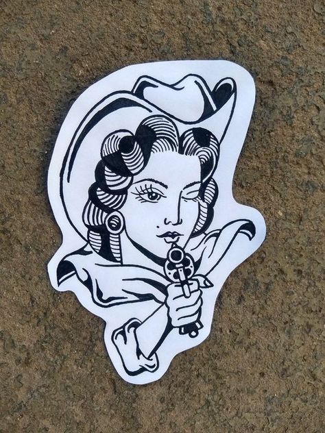 Old School Cowgirl Tattoo, Old Western Tattoos, Traditional Style Tattoos, Traditional Tattoo Girls, Cowgirl Tattoo, Traditional Tattoo Stencils, Traditional Black Tattoo, Cowgirl Tattoos, Cowboy Tattoos