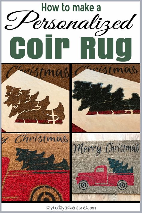 How to make a personalized coir rug using freezer paper and paint! Christmas Rug Diy, Christmas Rugs Outdoor Diy, Christmas Rug Painting Ideas, Diy Outdoor Rug Cricut, Door Decorations Christmas, Dollar Store Diy Christmas, Rug Painting, Homestead Crafts, Christmss Door Mats