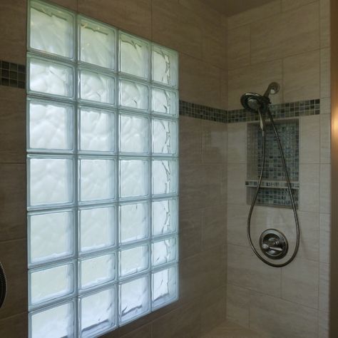 Glass block window design Columbus Ohio Installation | Innovate Building Solutions | #GlassBlockWindow #DesigningShower #BathroomShower #ShowerWindow Glass Block Bathroom Ideas, Rain Glass Window Bathroom, Shower With Block Window, Tile Shower With Glass Block Window, Update Glass Block Window, Glass Brick Bathroom Window, Large Window In Shower Solution, Glass Block Window In Shower Ideas, Glass Block In Bathroom