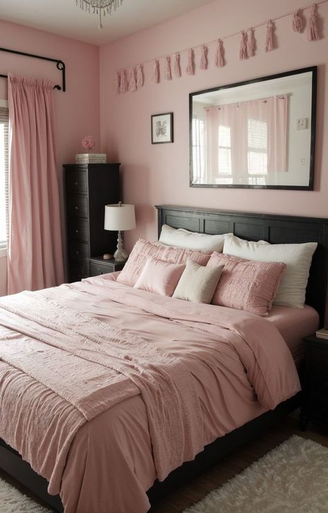 Create an emo bedroom aesthetic with a splash of pink by incorporating a distressed pink tapestry as a headboard. Complement the look with dark wooden furniture accents, such as a black nightstand and desk, and hang string lights or neon signs to add a moody ambiance. Emo Bedroom Aesthetic, Bedroom Black Furniture, Pink And Black Bedroom, Emo Bedroom, Black Bedroom Aesthetic, Dark Wooden Furniture, Pink Tapestry, Pink Emo, Dreamy Aesthetic