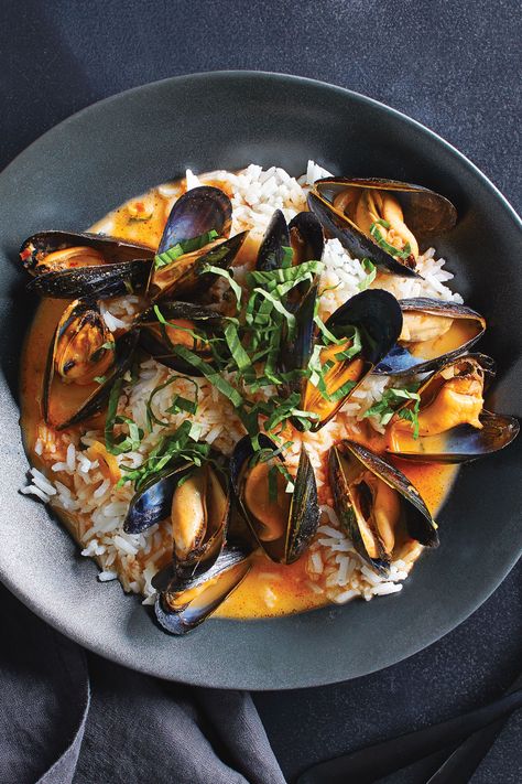 Mussels are cheap, sustainable, nutritious and delicious. Accompanied by thick, coconut-infused basmati rice and one of the tastiest broths ever created in the Cuisine Test Kitchen, here’s your chance to seriously spice up dinner. #seafood #seafoodrecipes #seafooddishes #recipes #food #recipe Red Curry Mussels, Curry Mussels, Mixed Seafood Recipe, Yellow Curry, Mussels Recipe, Coconut Rice, Basmati Rice, The Dinner, It Goes On