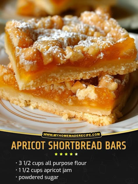 Family Cookbook Recipes | Apricot Shortbread Bars | Facebook Peach Jam Bars, Apricot Bars With Dried Apricots, Apricot Thumbprint Cookies, Apricot Recipes Dessert, Recipe Using Dried Apricots, Apricot Dessert Recipes, Apricot Biscotti Recipe, Apricot Bread Recipe, Apricot Pie Recipe