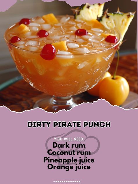 🏴‍☠️ Embrace the wild side with Dirty Pirate Punch! 🍹✨ #DirtyPiratePunch #PartyDrink Dirty Pirate Punch Ingredients: Dark rum (1 cup) Coconut rum (1/2 cup) Pineapple juice (2 cups) Orange juice (1 cup) Grenadine (1/4 cup) Lemon-lime soda (1 cup) Ice cubes Pineapple slices and cherries (for garnish) Instructions: In a large punch bowl, combine dark rum, coconut rum, pineapple juice, orange juice, and grenadine. Add lemon-lime soda and stir well. Fill the bowl with ice cubes and garnish wit... Punch Alcohol, Pirate Punch, Cocktail Party Food, Cocktail Drinks Alcoholic, Yummy Alcoholic Drinks, Beverage Recipes, Pineapple Slices, Lemon Lime Soda, Lime Soda